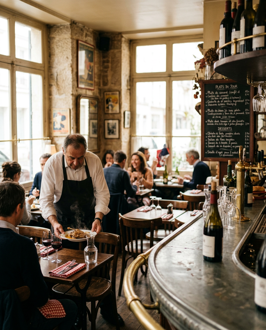 A waiter serving a plate in a small French bistro, generated image